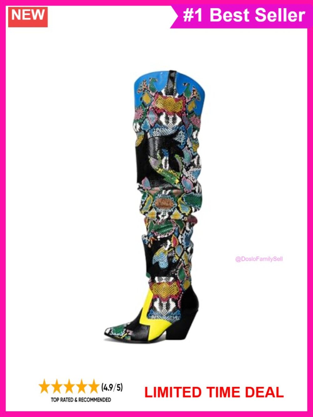 Faux Snakeskin Thigh High Western Boots Chunky Heel